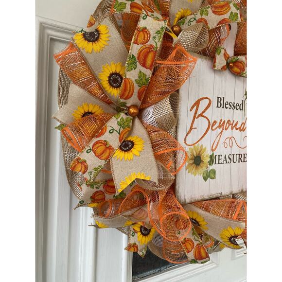 Blessed Beyond Measure Fall Wreath – 24” Sunflower & Pumpkin Thanksgiving Decor - Picture 3 of 7